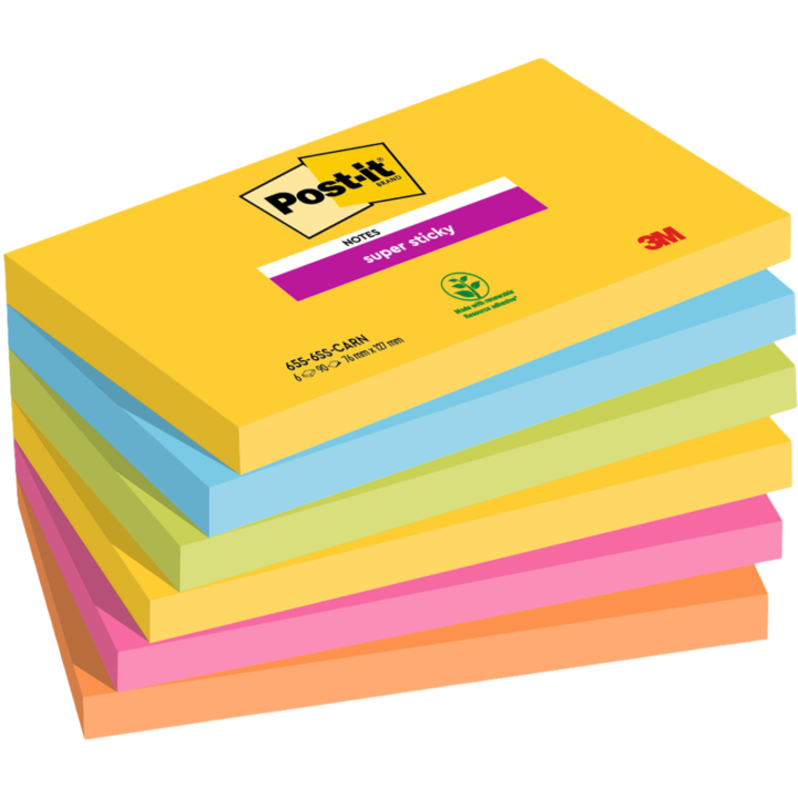 Post-it Super Sticky 76 x 127 Colour Mix Carnival 6-pack in the group Paper & Pads / Note & Memo / Post-it and notepads at Pen Store (135731)