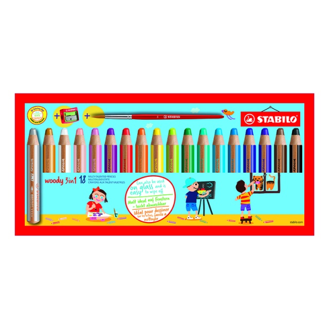 Woody 3-in-1 Colouring Pencils 18-set + sharpener and brush