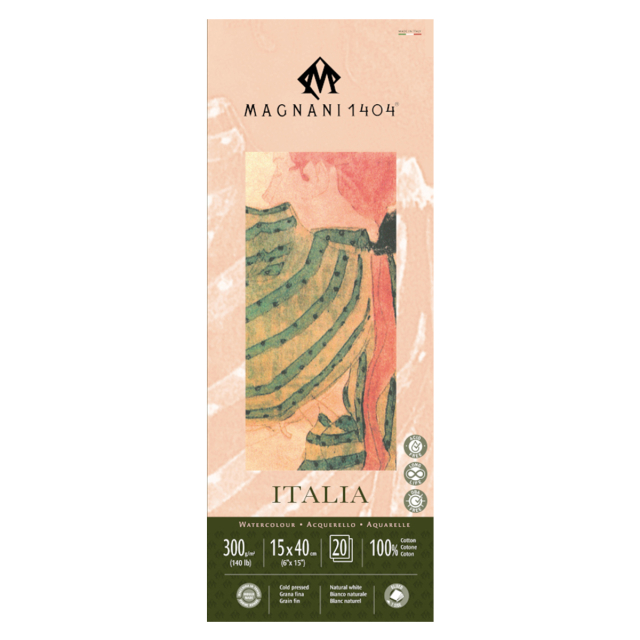 Watercolour Pad Italia 100% Cotton 300g Fine Grain 15x40cm 20 Sheets
