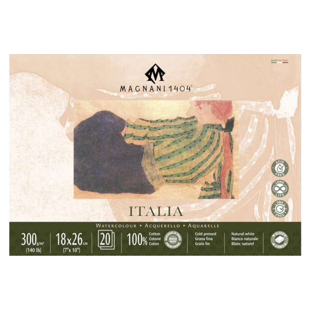 Watercolour Pad Italia 100% Cotton 300g Fine Grain 18x26cm 20 Sheets