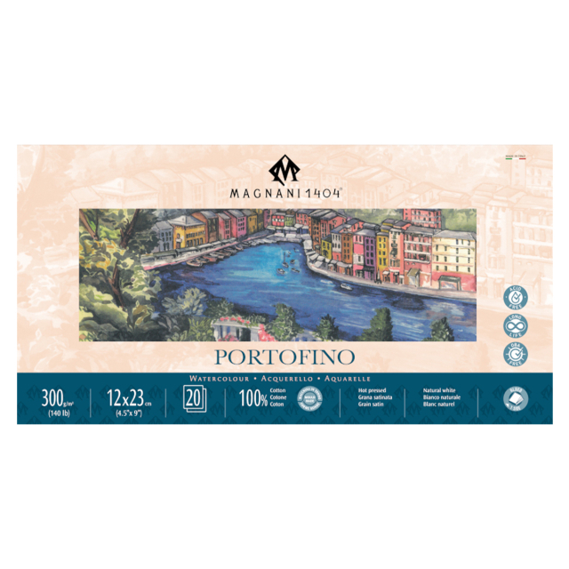 Watercolour Pad Portofino 100% Cotton 300g Satin 12x23cm 20 Sheets