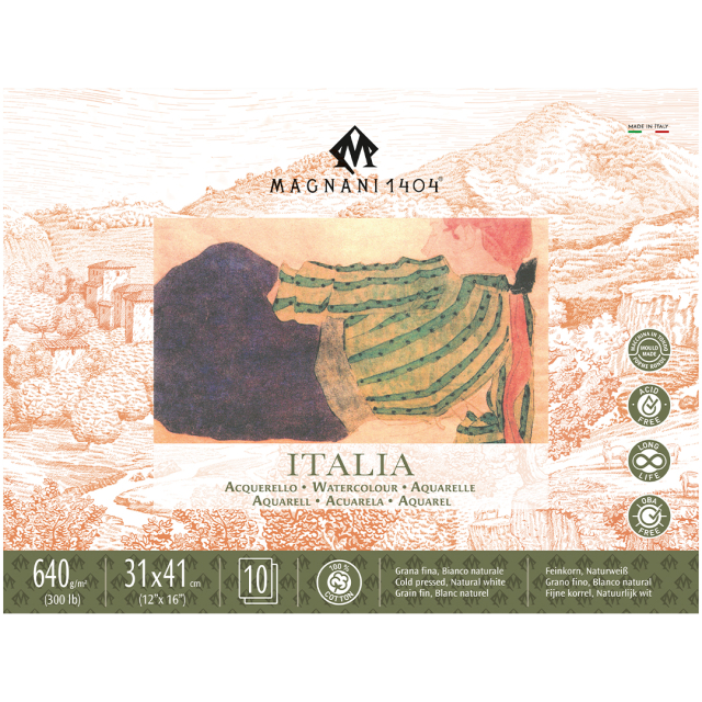 Watercolour Pad Italia 100% Cotton 640g Fine Grain 31x41cm 10 Sheets