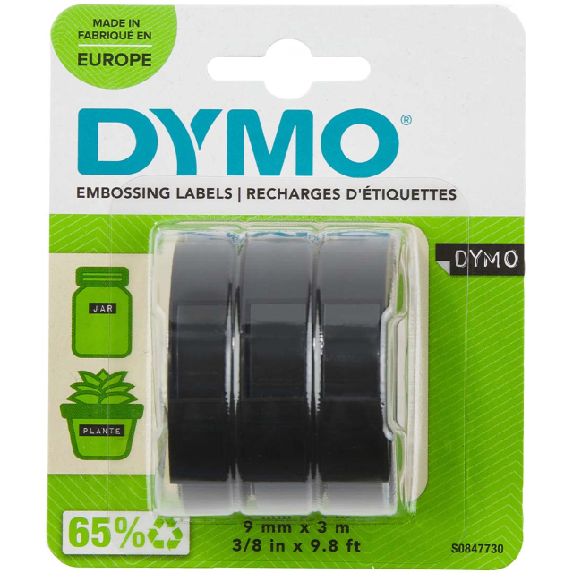 Embossing Label Tape 9mm x 3m Black 3-pack
