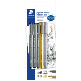 Pigment Liner + Metallic pen Pack of 5 in the group Hobby & Creativity / Calligraphy / Lettering Sets at Pen Store (131923)